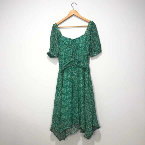 Anthropologie Floral Puff Sleeved Cut Out Midi Dress Handkerchief Green Size 8 - Picture 7 of 8